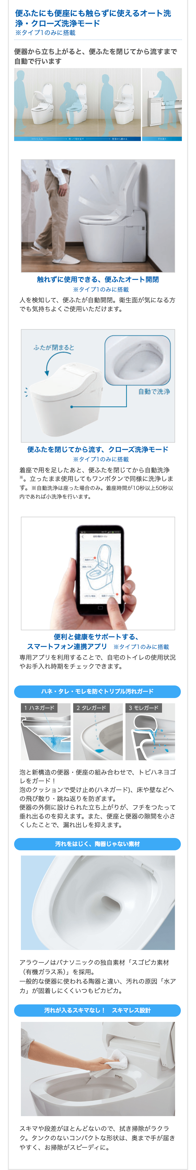 便ふたにも便座にも触らずに使えるオート洗浄・クローズ洗浄モード