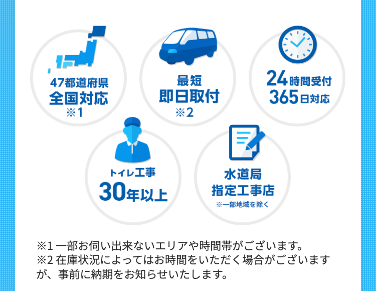 47都道府県
最短
全国対応
即日取付
*1
*2
トイレ工事
水道局
24時間受付
365日対応
30年以上
指定工事店
※一部地域を除く
※1 一部お伺い出来ないエリアや時間帯がございます。
※2 在庫状況によってはお時間をいただく場合がございます
が、事前に納期をお知らせいたします。